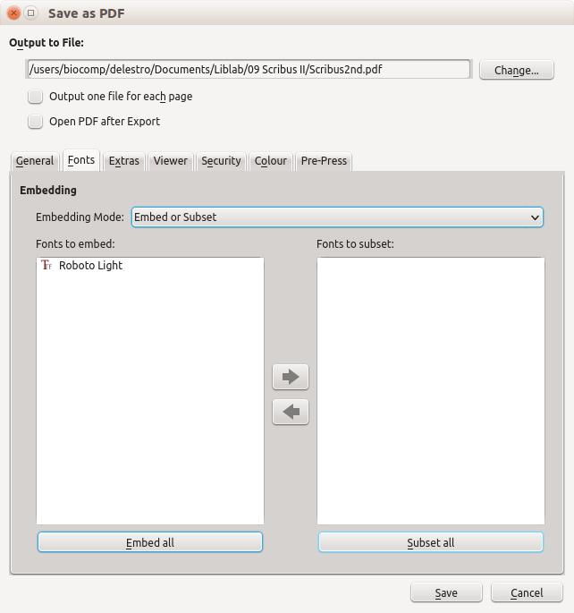 PDF export window