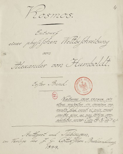 humboldt- Page titre du premier tome du manuscrit Cosmos
