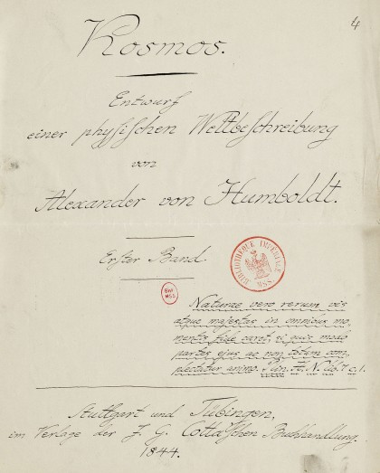 Page titre du premier tome du manuscrit Cosmos humboldt- Page titre du premier tome du manuscrit Cosmos