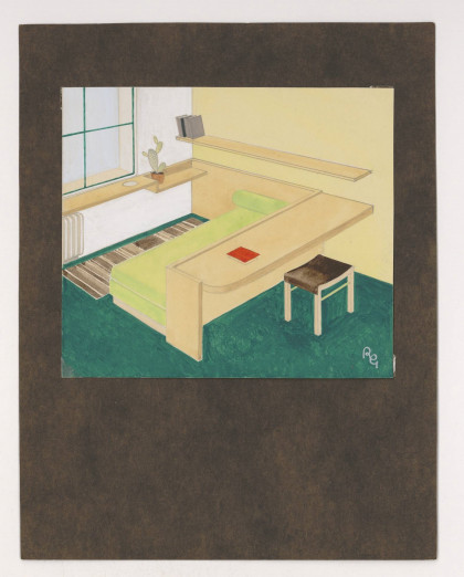 Chambre avec mobilier combiné, le tour de lit devenant table de travail. © René Gabriel.