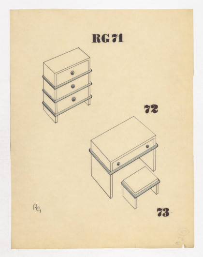 Éléments RG : meubles avec liseré bleu. René Gabriel