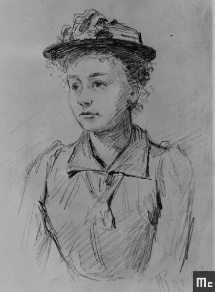 Dessin représentant Marie Sklodowska, fait à Paris, en 1892, lors d’une réunion d’étudiants polonais (Source : Musée Curie ; coll. ACJC)