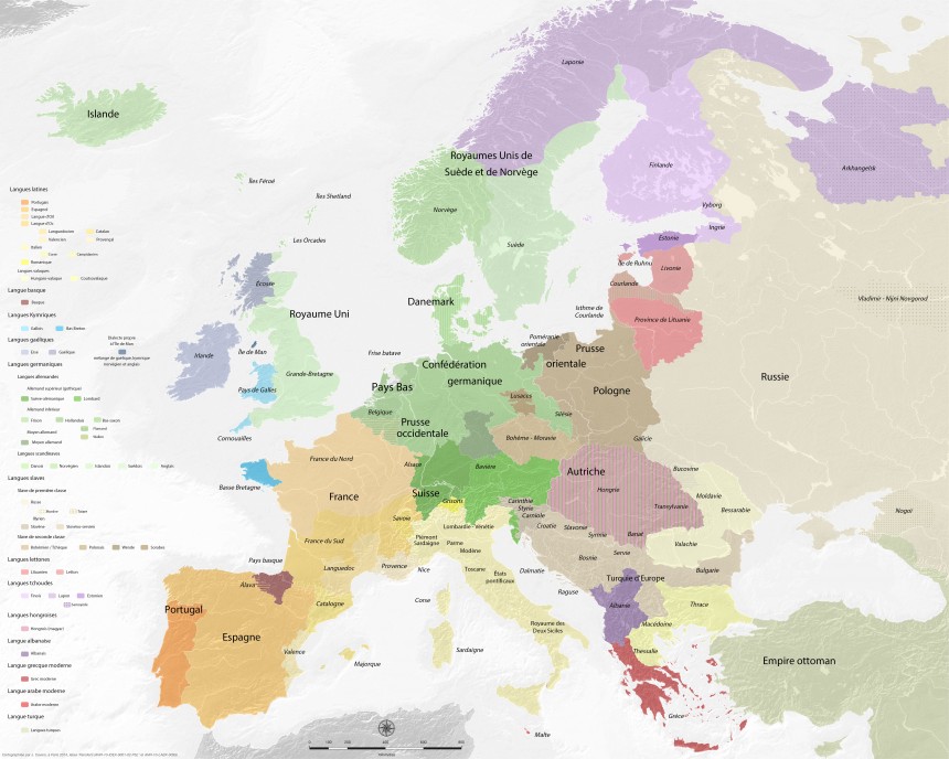 Carte des langues de l'Europe d'après les instructions de Wilhelm von Humboldt