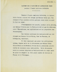 Rapport sur l'activité du Laboratoire Curie pendant l'année scolaire 1933-1934